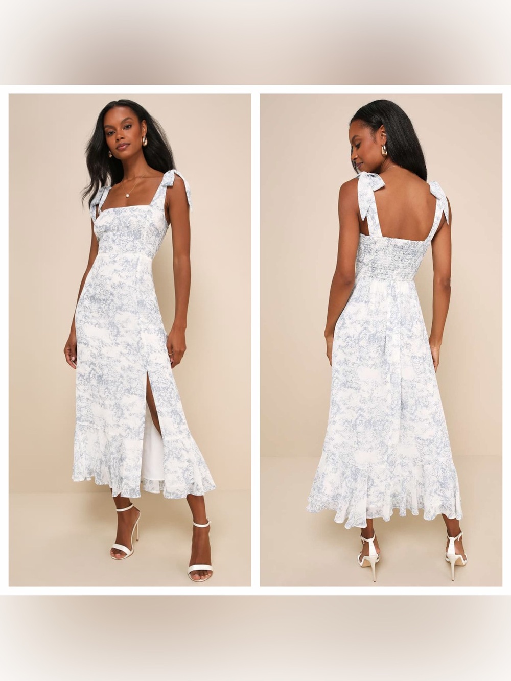 Lulu's Summer Invite White and Blue Toile Tie-Strap Tiered
Midi Dress